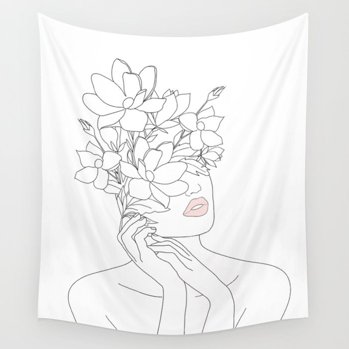 Minimal Line Art Woman with Magnolia Wall Tapestry