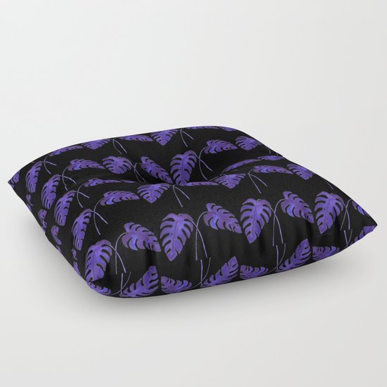 Indigo Monstera Leaf Watercolor on Black Floor Pillow