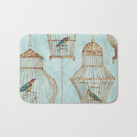 Vintage dream- Exotic colorful birds in cages on aqua background #Society6 Bath Mat