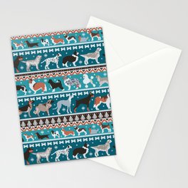 Fluffy and bright fair isle knitting doggie friends // teal background brown orange white and grey dog breeds  Stationery Card