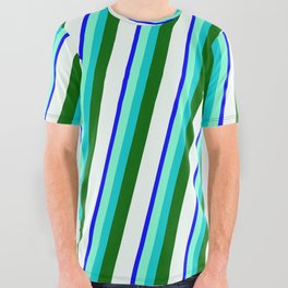 [ Thumbnail: Blue, Aquamarine, Dark Turquoise, Dark Green & Mint Cream Colored Stripes/Lines Pattern All Over Graphic Tee ]