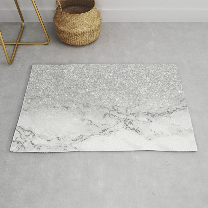 Modern Faux Grey Silver Glitter Ombre White Marble Rug By Ytrend