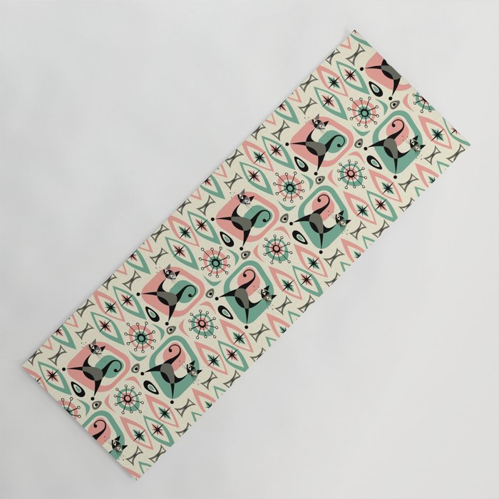 Mid Century Cat Abstract - Pink Aqua Yoga Mat