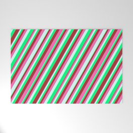 [ Thumbnail: Green, Brown, Hot Pink & Light Cyan Colored Striped Pattern Welcome Mat ]