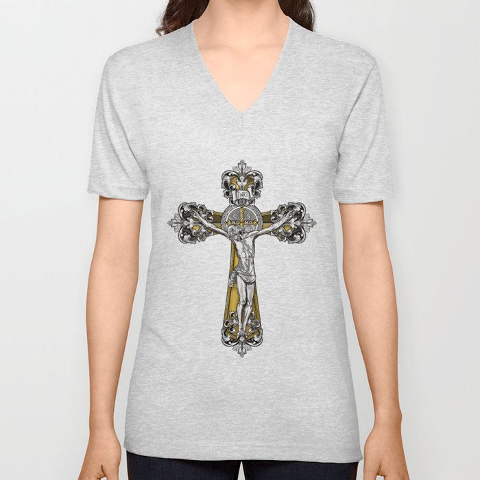St Benedict Cross Crucifix V Neck T Shirt