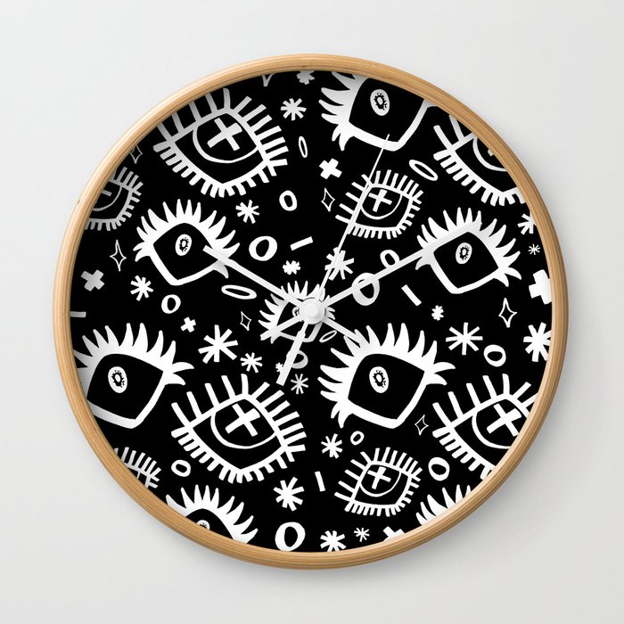 Black and White Trippy Doodle Eye Pattern Wall Clock