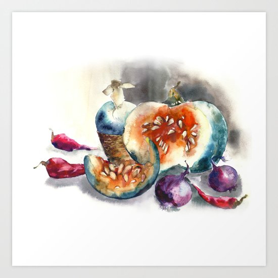 Watercolor harvest with vegetables, Thanksgiving Day Art Print