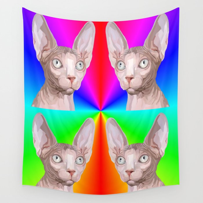 Multiple Rainbow Pop Art Sphynx Cat Faces Wall Tapestry