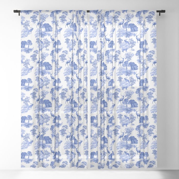 Elegant Blue Deer in Woodland Toile Pattern Sheer Curtain