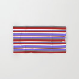[ Thumbnail: Gray, Red, Beige & Medium Slate Blue Colored Stripes Pattern Hand & Bath Towel ]