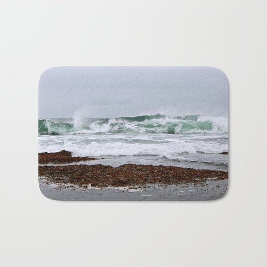 Green Waves Crashing into White Foam Bath Mat