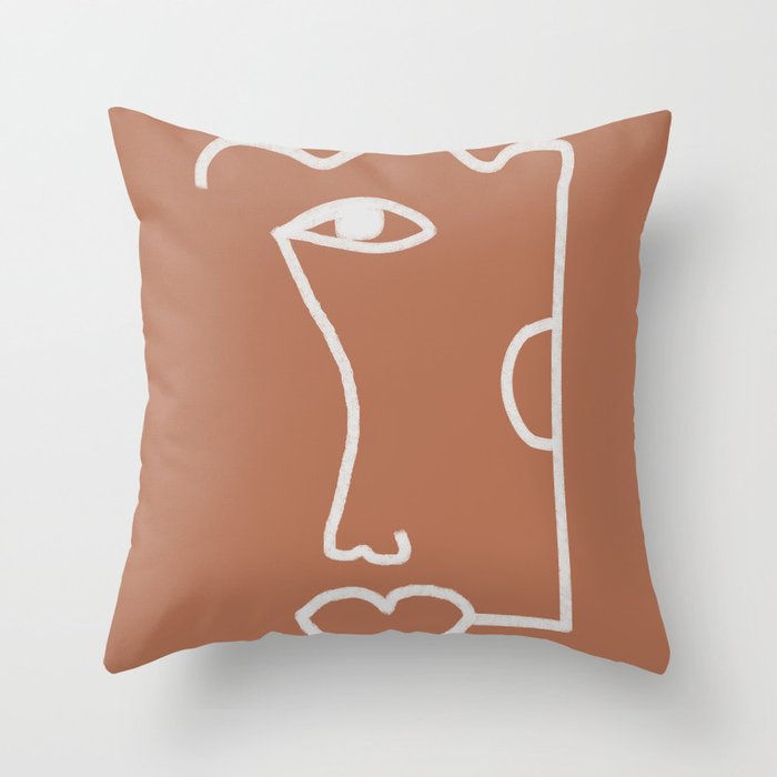 Woman Face, Burnt Orange, Minimal Line Drawing Throw Pillow