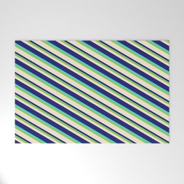 [ Thumbnail: Green, Beige, Midnight Blue & Turquoise Colored Lined/Striped Pattern Welcome Mat ]