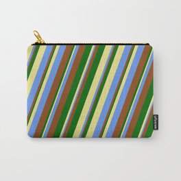 [ Thumbnail: Tan, Cornflower Blue, Brown, and Dark Green Colored Lines/Stripes Pattern Carry-All Pouch ]