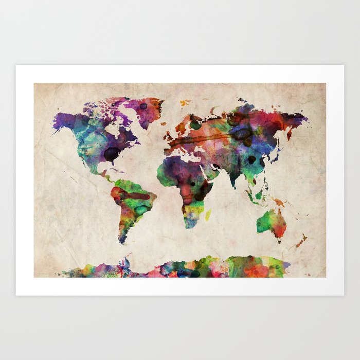 World Map Urban Watercolor Art Print
