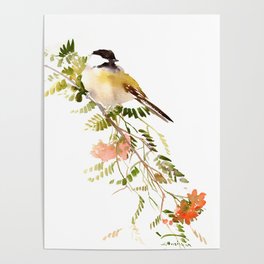 Chickadee Asian Style Bird and Flowers Zen brush painting Poster