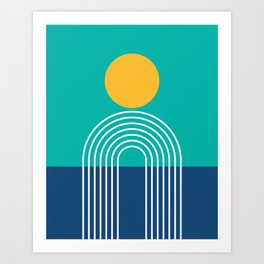 Geometric Lines in Blue Teal Yellow (Sun and Rainbow abstraction) Art Print