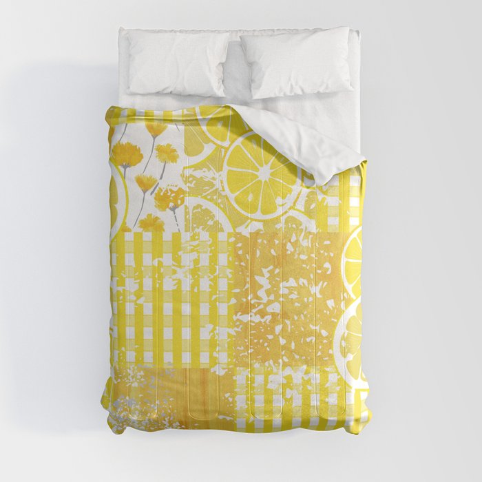 Yellow and white citrus plaid floral patchwork Comforter