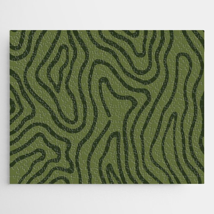 Abstract Retro Topographic Print - Mustard Green and Pine Tree Jigsaw Puzzle