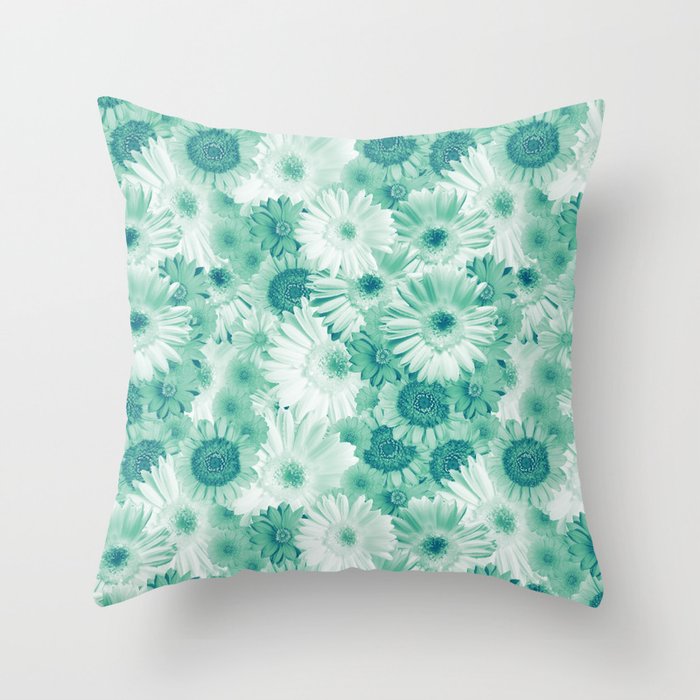French Green Mixed Gerbera Daisies Oil Painted Floral Throw Pillow