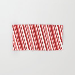[ Thumbnail: Light Coral, Red & Mint Cream Colored Stripes Pattern Hand & Bath Towel ]