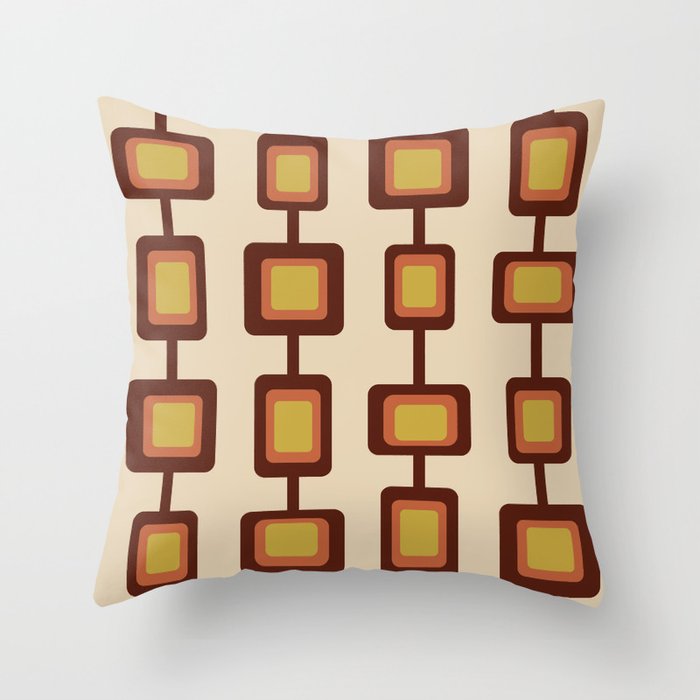 Retro 1960s Rounded Squares Pattern Yellow Orange Brown Throw Pillow