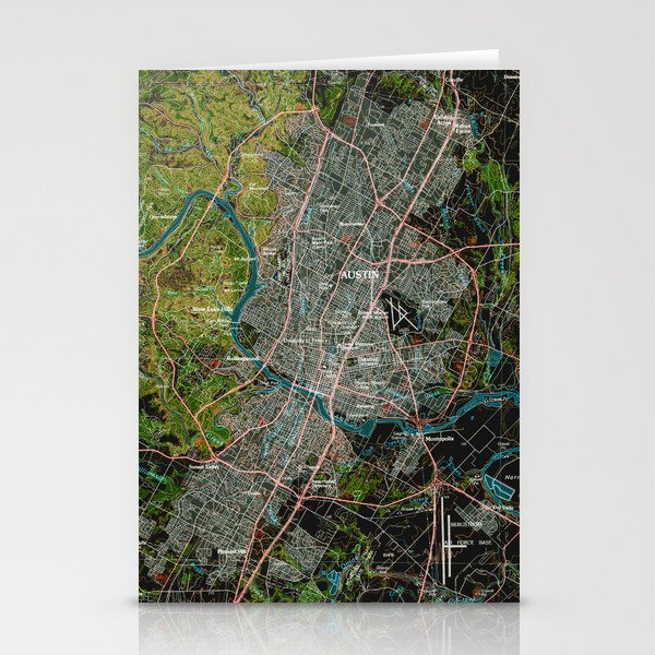 Austin Texas old vintage colorful map, original gift for office decoration Stationery Cards