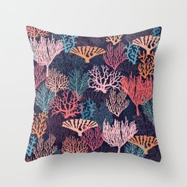 Ocean Coral // Normal Scale // Coral Shapes // Dark Blue Background Throw Pillow
