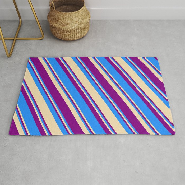 Blue, Tan, and Purple Colored Striped Pattern Rug