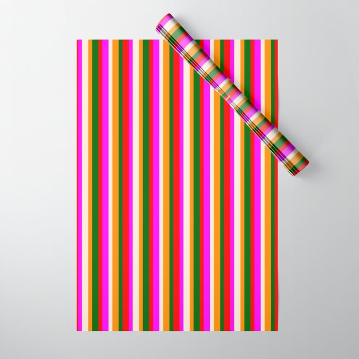 Beige, Fuchsia, Red, Dark Green, and Dark Orange Colored Lines/Stripes Pattern Wrapping Paper