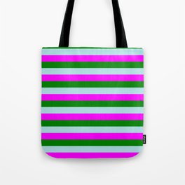[ Thumbnail: Fuchsia, Green, and Powder Blue Colored Lines/Stripes Pattern Tote Bag ]