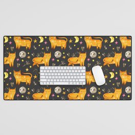 Valentine's day seamless pattern with cats, stars and moons. Watercolor night repeated pattern with cute cats. Desk Mat