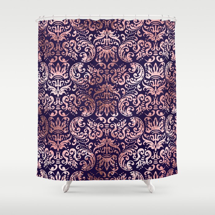 Vintage seamless damask rose gold foil classic pattern with vintage floral ornament on violet background Shower Curtain