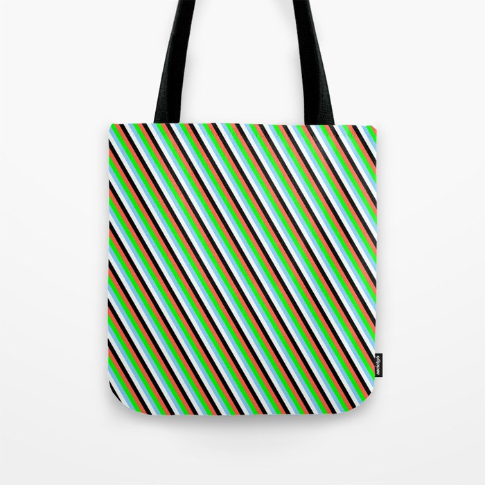 Eye-catching Red, Lime, Light Sky Blue, Mint Cream & Black Colored Lined Pattern Tote Bag