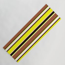 [ Thumbnail: Yellow, White, Sienna & Black Colored Stripes/Lines Pattern Yoga Mat ]