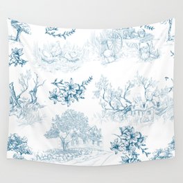 Toile de Jouy Vintage French Teal Blue Green White Pattern Wall Tapestry