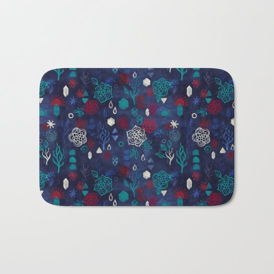 Elements - a watercolor pattern in red, cream & navy blue Bath Mat