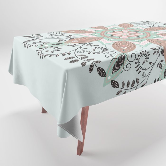 Mint and pink floral mandala Tablecloth