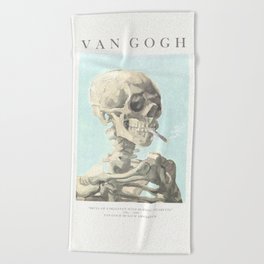 Vincent Van Gogh - Skull of a skeleton with burning cigarette (version with text & blue background) Beach Towel