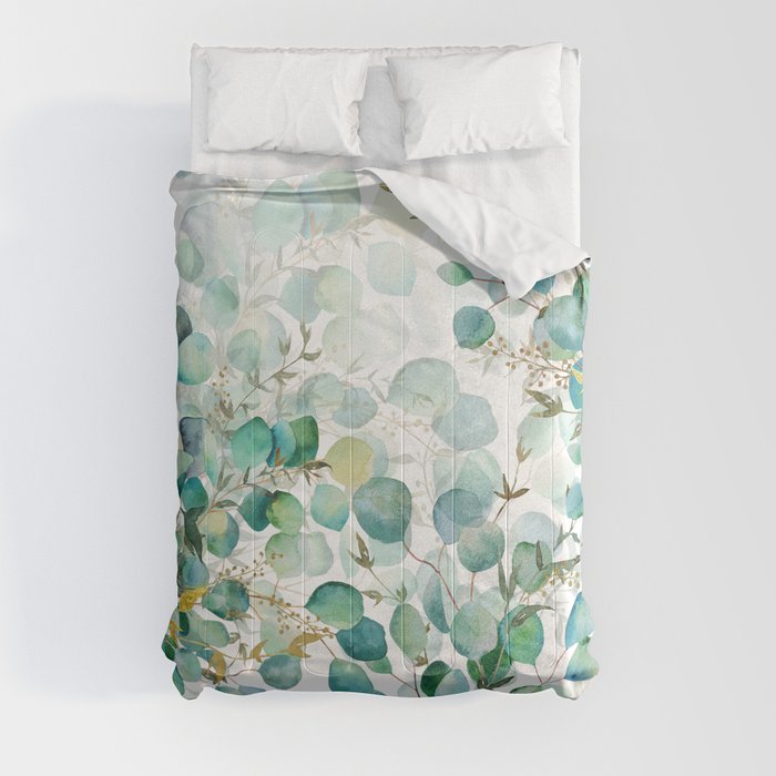 Juicy deep print of watercolor eucalyptus with sophisticated green sprigs. Shades of green, turquoise and emerald with delicate elements of transparency and gold. Comforter