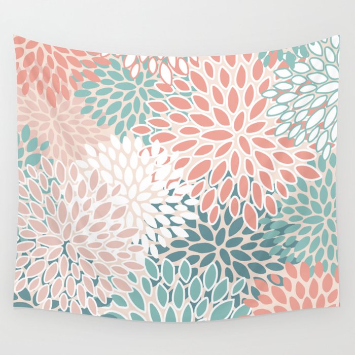 Festive, Floral Prints, Teal, Peach, Coral Wall Tapestry