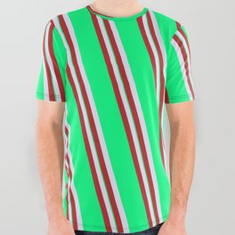 [ Thumbnail: Lavender, Red & Green Colored Striped Pattern All Over Graphic Tee ]