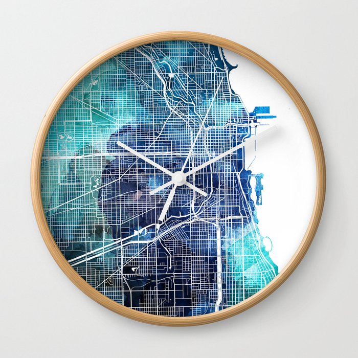 Chicago Illinois Map Navy Blue Turquoise Watercolor Wall Clock