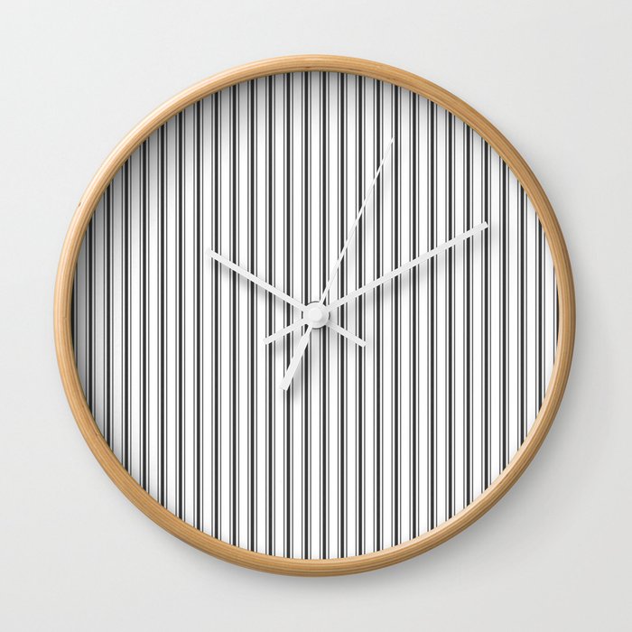 Mattress Ticking Narrow Striped Pattern in Dark Black and White Wall Clock