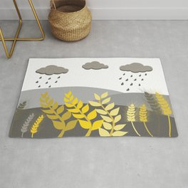 Pantone Color Yellow - Ultimate Gray Rain Cloud and Field Landscape Illustration Rug