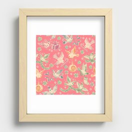 Busy Retro Christmas Birds Pink Recessed Framed Print