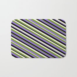 [ Thumbnail: Green, Purple, Black & Beige Colored Lined Pattern Bath Mat ]