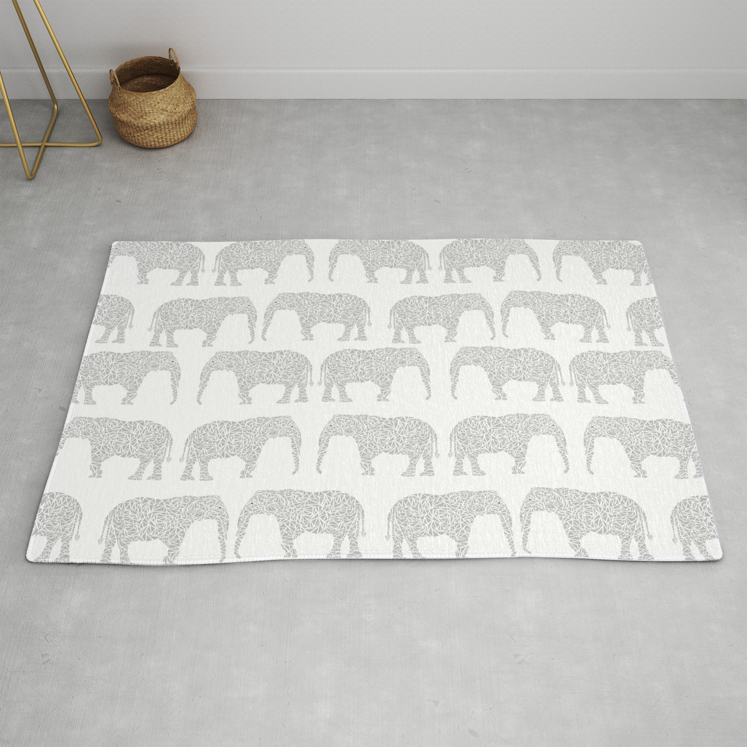 Geometric Elephant Grey Monochromatic Minimal Gray And White Kids Children Pattern Print Rug By Charlottewinter