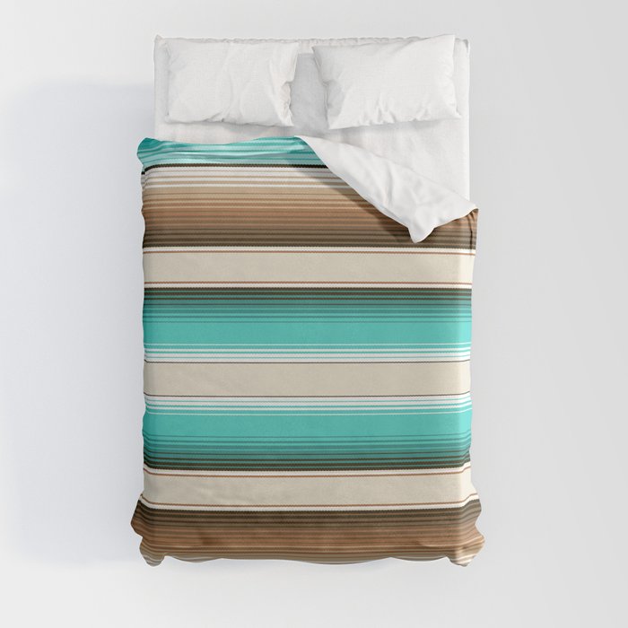 Teal, Brown and Navajo White Southwest Serape Blanket Stripes Duvet Cover