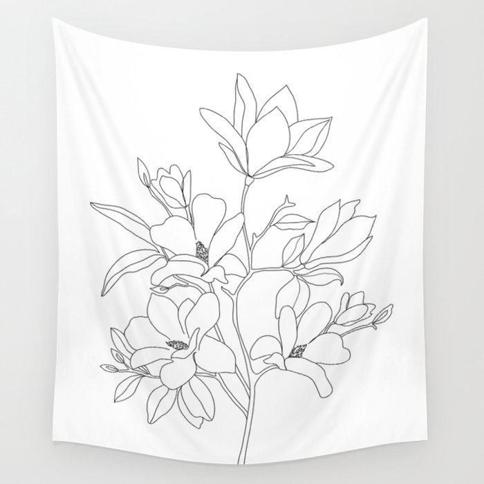 Minimal Line Art Magnolia Flowers Wall Tapestry